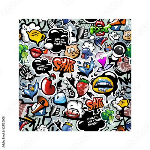 Graffiti seamless 100  tileable stylized cartoon design with social media signs and other shiny icons. Vector
