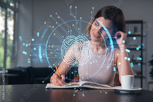 Smiling woman in casual wear taking notes in notebook at office workplace with coffee cup. Concept of distant business education, information technology, dreaming, thinking. Ai drawings