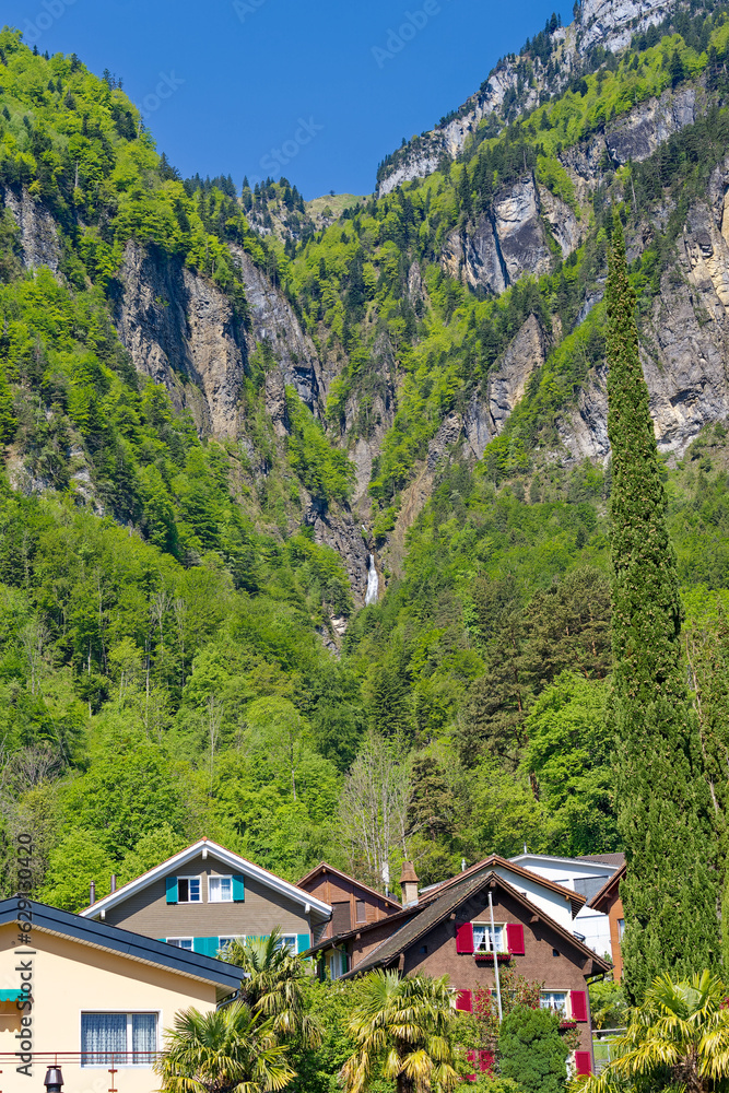 Beautiful mountain panorama with woodland and waterfall in the Swiss Alps at lakeshore of Lake Uri on a sunny spring morning. Photo taken May 22nd, Bauen, Switzerland.