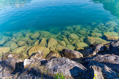 Looking down to close-up of rocks in the water of Lake Lucerne at Swiss village Flüelen on a sunny spring morning. Photo taken May 22nd, 2023, Flüelen, Canton Uri, Switzerland.