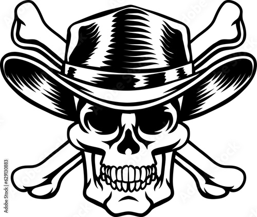 A cowboy grim reaper skull wearing a country or western style hat with pirate cross bones