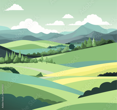 A rural landscape background of rolling hills and mountains. Fields, farm land and trees.