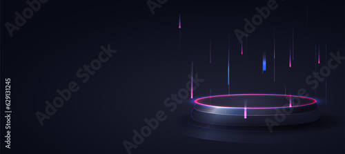Futuristic cyber stage with 3d neon podium glowing for Product display presentation in pastel colors background.
