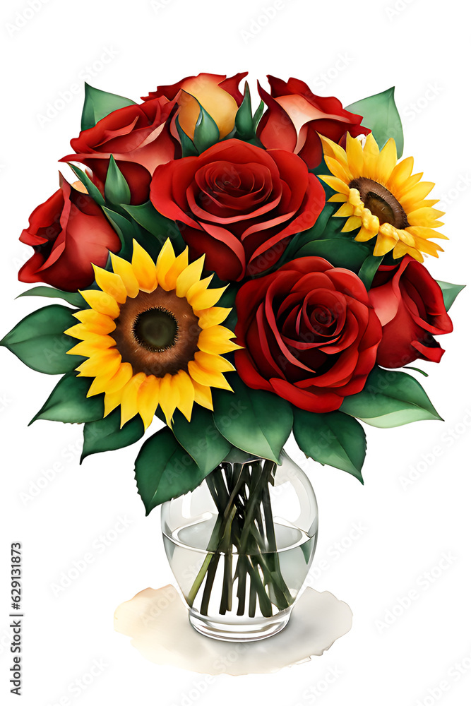 bouquet of flowers roses and sunflowers in a vase