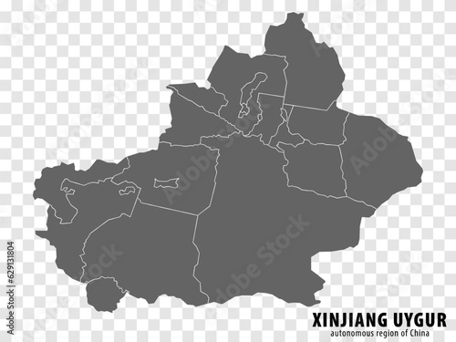 Blank map Xinjiang Autonomous Region of China. High quality map Xinjiang Uygur with municipalities on transparent background for your web site design, logo, app, UI. People's Republic of China. EPS10