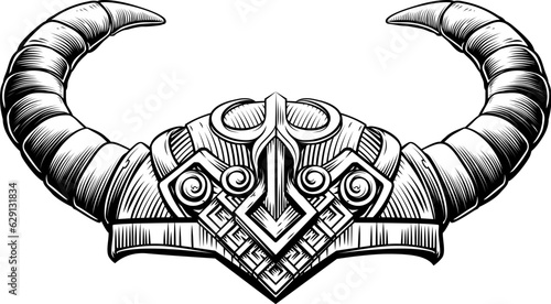 A Viking warrior helmet in a vintage retro woodcut style
