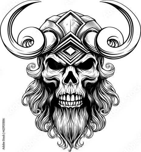 A Viking skull skeleton warrior or barbarian gladiator man mascot face looking strong wearing a helmet. In a retro vintage woodcut style.