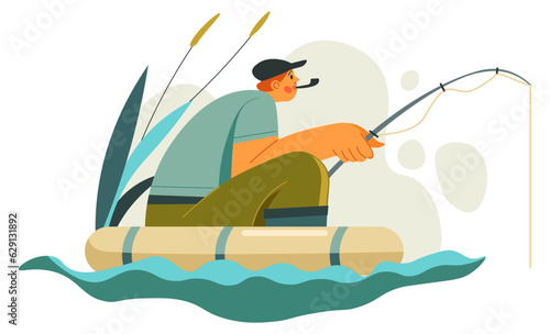 Man holding fishing rod sitting in boat on lake