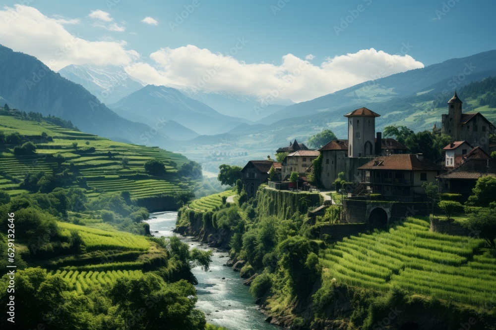 Quaint European Town Nestled in a Lush Valley, Generative AI 