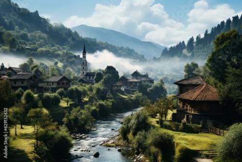 Quaint European Town Nestled in a Lush Valley, Generative AI 