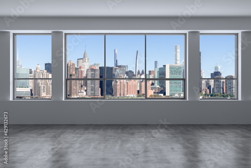 Midtown New York City Manhattan Skyline Buildings Window Background. Expensive Real Estate. Empty room Interior Skyscrapers View Cityscape. East Side United Nations Headquarters. 3d rendering
