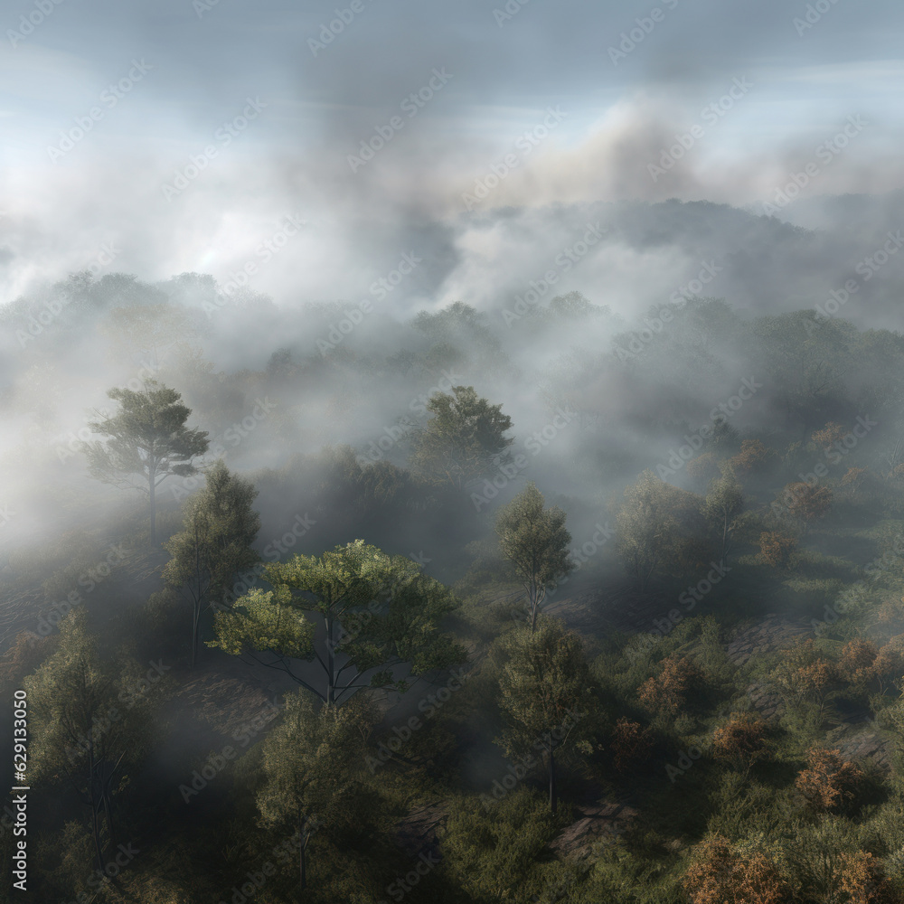 Fototapeta premium Smoke over a burning forest. Forest fire. Created using generative Al tools.