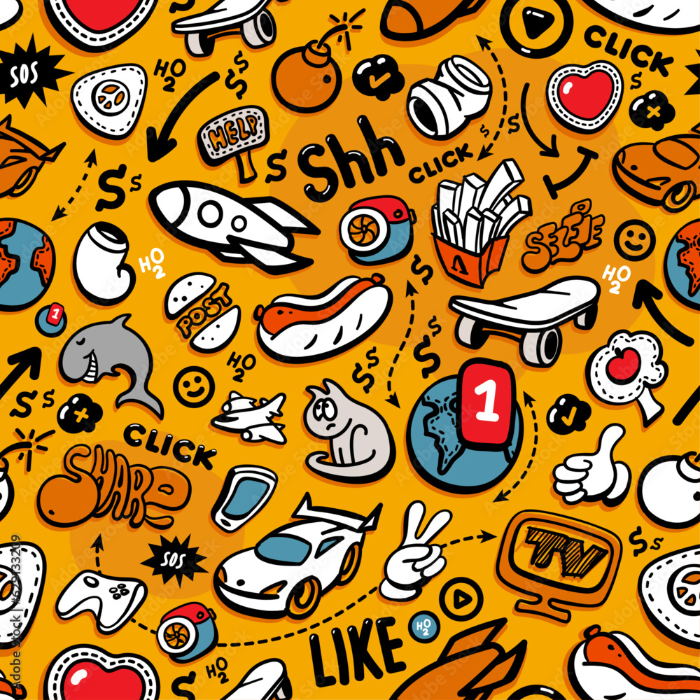 Cartoon graffiti style hand-drawn seamless 100% tileable illustration of modern social life. Objects and symbols of modern Social Media theme. Vector