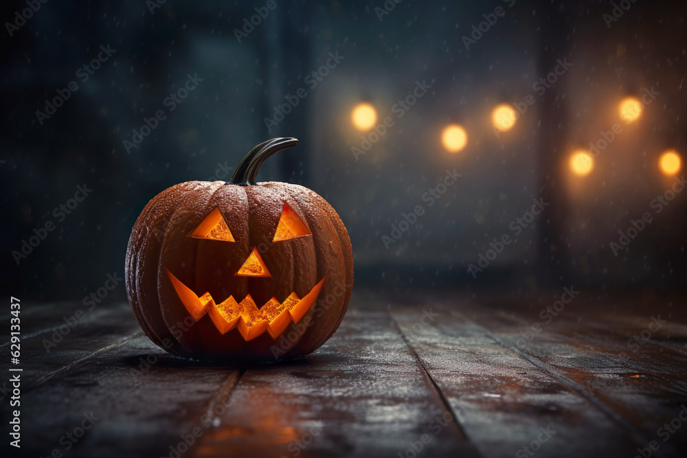 Jack-o'-lantern Halloween carved pumpkin on wooden floor on dark blue background in rain. Jack-o'-lantern Halloween carved pumpkin on wooden floor on dark blue background in rain.