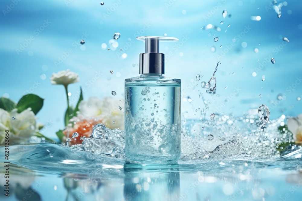 One clear cosmetics bottles stand on the glass countertop, a lot of water droplets, splash splashes, water flowing from the bottle, Light blue background, photography style. Generative AI One clear cosmetics bottles stand on the glass countertop, a lot of water droplets, splash splashes, water flowing from the bottle, Light blue background, photography style. Generative AI