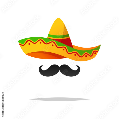 Fotografia Sombrero hat with mustache vector isolated on white background.