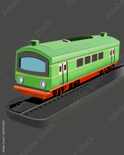 color vector illustration with a 3d image of a train for prints on postcards, banners, flyers and for design in technical, industrial style