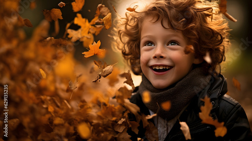 Fotografiet Cute red hair child playing with autumn leaves in the park