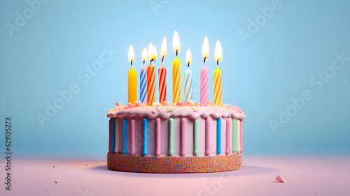 birthday cupcake with colorful candles in blue background