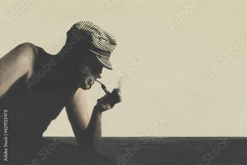 Illustration of captain smoking in front of the sea, travel destination concept photo