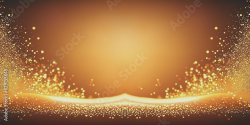 Abstract luxury shiny golden glitter particles and sparkles bokeh effect on orange background for poster presentation design template with copyspace