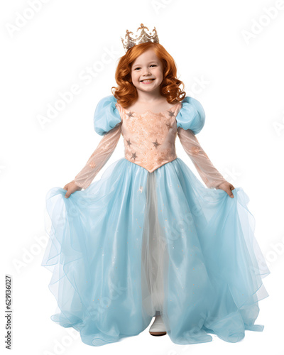 Cute ginger girl wearing princess Halloween costume. Isolated on transparent background