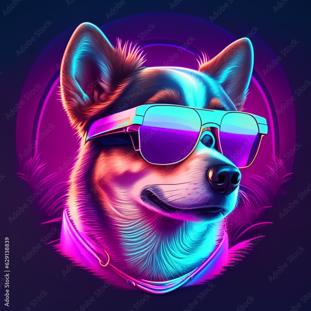 T-shirt design with dog pattern sunglasses, dog with tropical beach,80s vibe, synthwave style, abstract stripes of light, AI Generative.