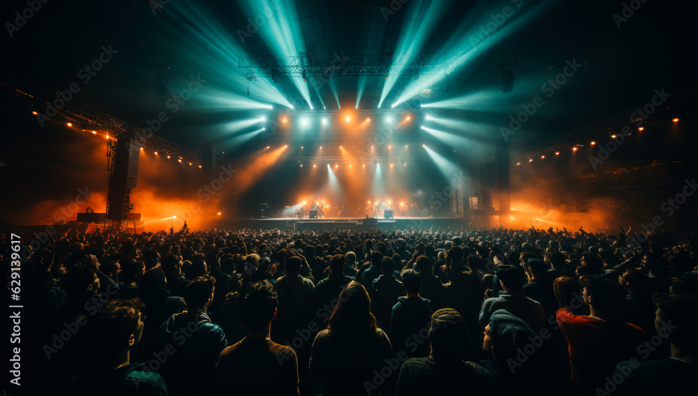 Lots of people stand facing the stage. Fans watching the concert. Bright projectors light the audience. Generative AI.