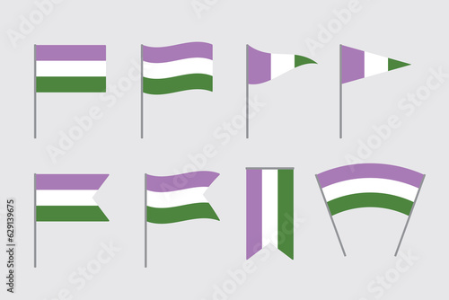 Purple, white, and green colored genderqueer flags. LGBTQI concept. Flat vector illustration.