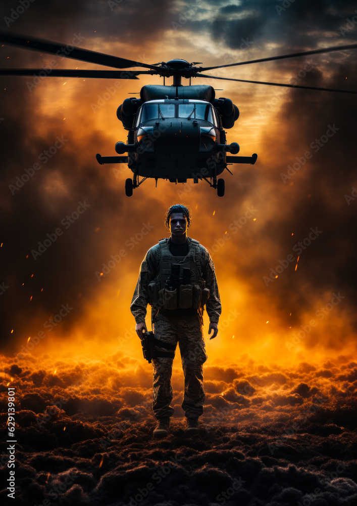 Soldier wearing uniform and bulletproof vest stands on the burning land. Helicopter flying at backdrop. Generative AI. Soldier wearing uniform and bulletproof vest stands on the burning land. Helicopter flying at backdrop. Generative AI.