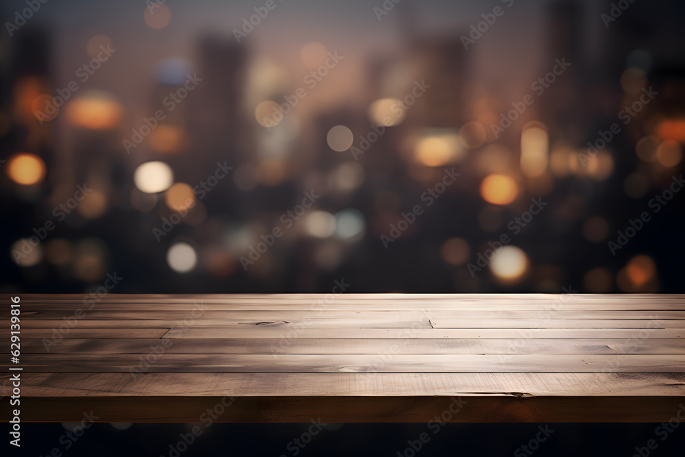 Wood table top on blurred of view of town with light bulb.Background for montage product display or design key visual layout. Wood table top on blurred of view of town with light bulb.Background for montage product display or design key visual layout.