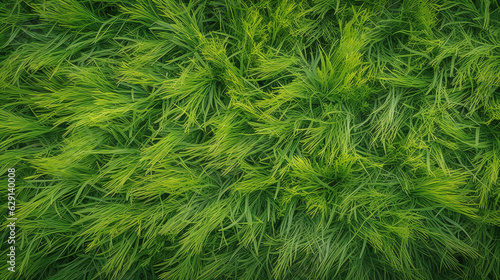 Green grass, top view background texture. Home garden lawn, sports field. AI generated.