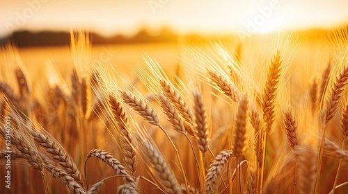 Close up wheat field at golden hour, bathed in warm sunlight, whole grain field. Generative AI