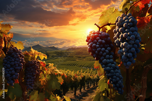 Vineyard at sunset with grapes in the background, fruits and summer time, harvest, ai generative