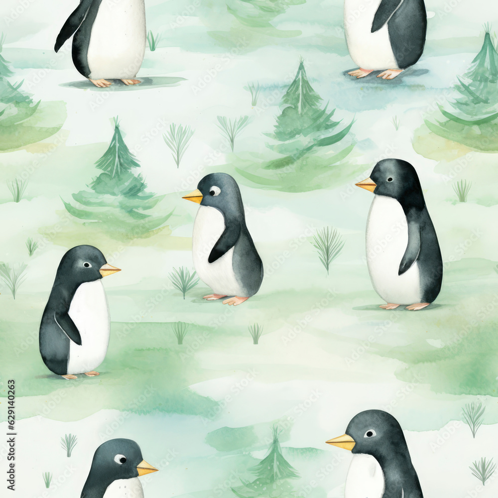 Obraz premium A seamless pattern with penguins' watercolor