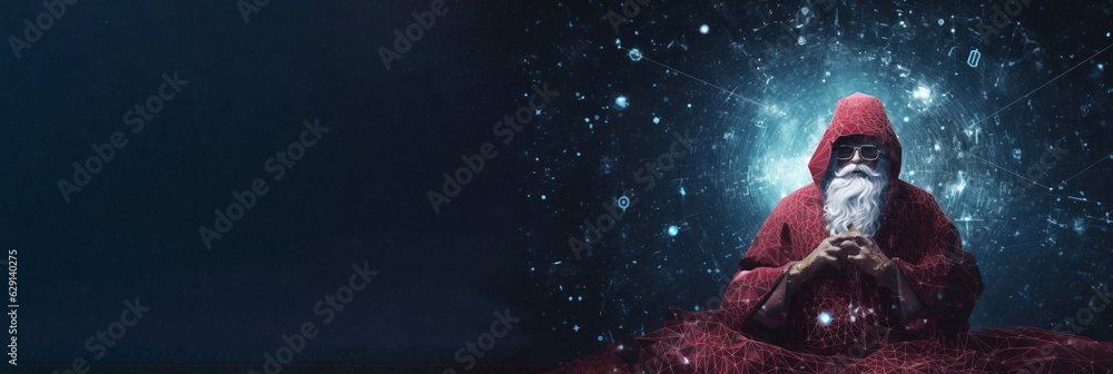 Christmas Santa Claus in new year close-up, dark abstract space background. AI generated. Christmas Santa Claus in new year close-up, dark abstract space background. AI generated.