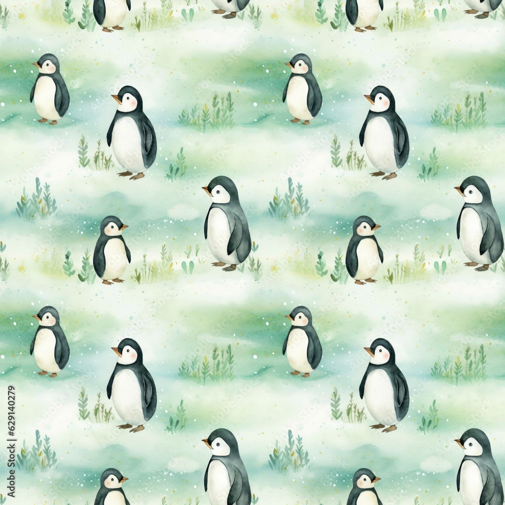 Obraz premium A seamless pattern with penguins' watercolor