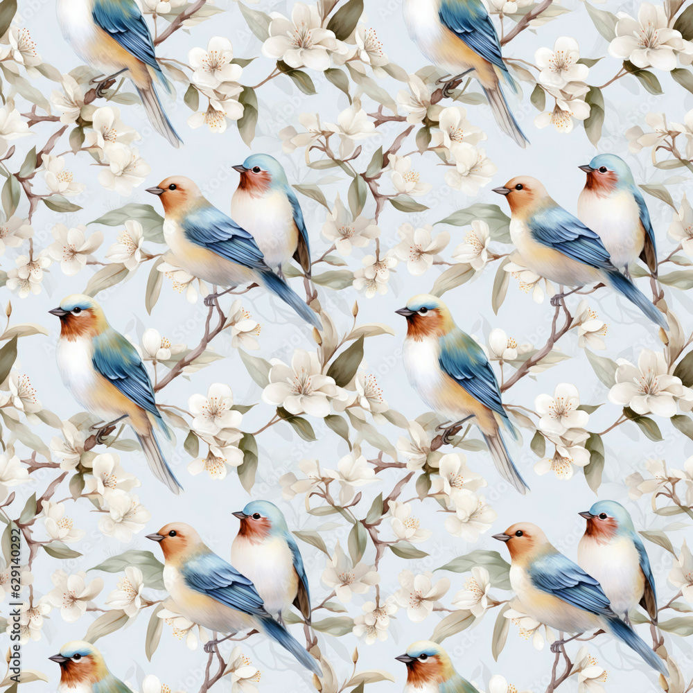 Fototapeta premium Photo beautiful watercolor seamless pattern with birds on branch