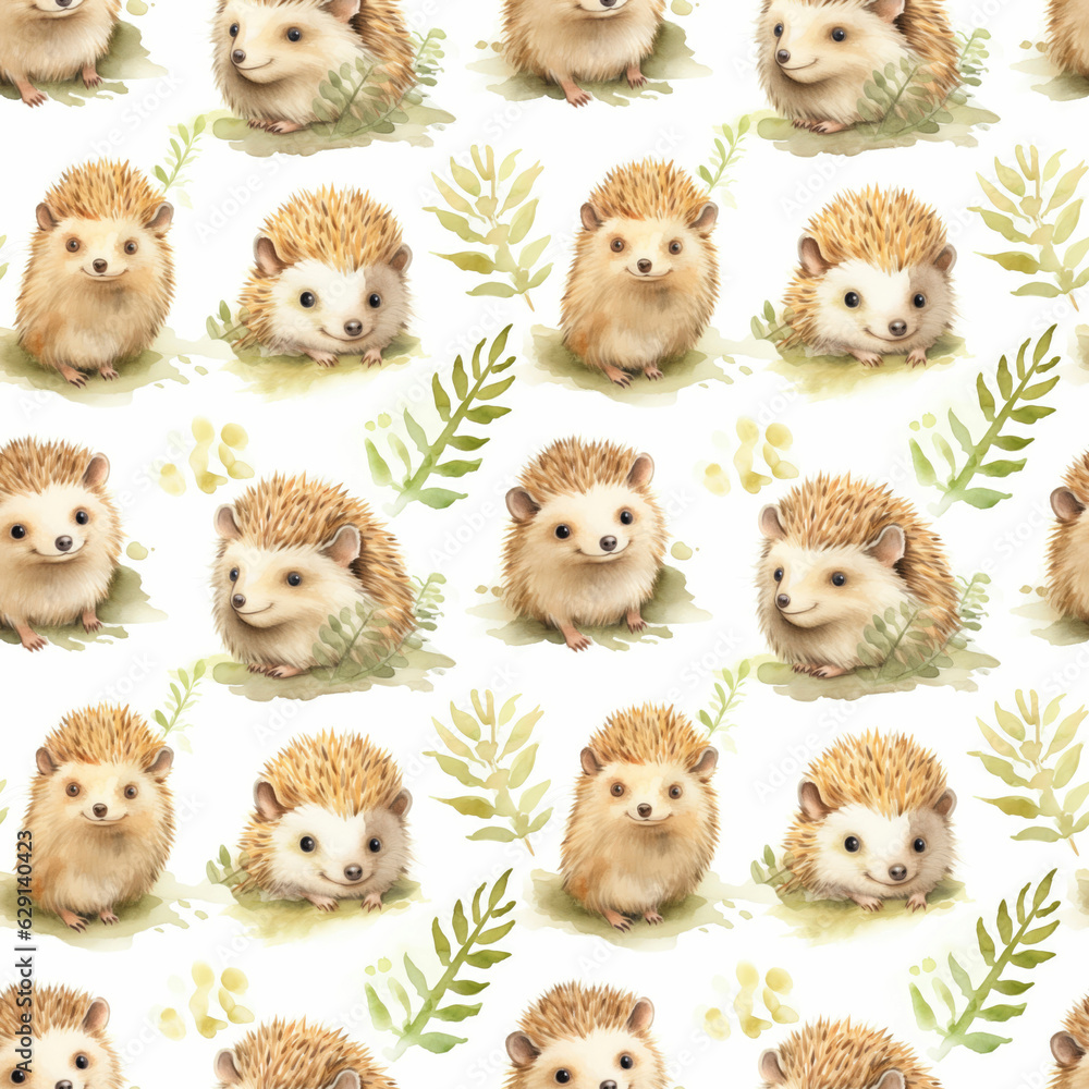 Fototapeta premium Photo hedgehog on white background watercolor seamless pattern