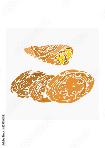 Editable Top Side View Classic Open And Rolled Indian Masala Dosa With Filling Vector Illustration in Brush Strokes Style for Artwork of Cuisine Related Design With South Asian Culture and Tradition