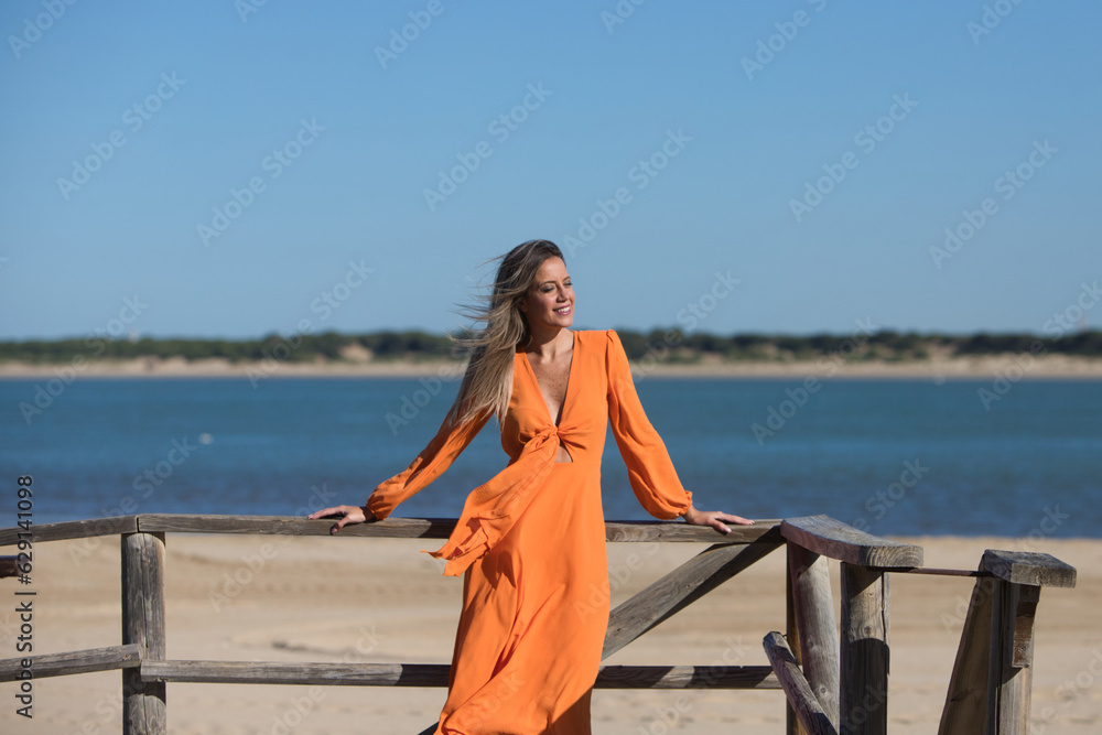 Pretty young blonde woman in orange dress leaning on the wooden railing of the beach promenade in the wind. In the background on the horizon blue sky and sea. Holiday and travel concept. Pretty young blonde woman in orange dress leaning on the wooden railing of the beach promenade in the wind. In the background on the horizon blue sky and sea. Holiday and travel concept.