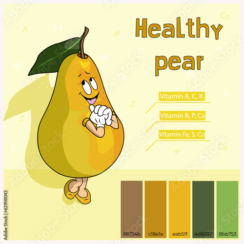 Fruits. Pear is tasty and healthy. Yellow color with arms and legs. Groovy style. Vitamin A, C, K, B, P, Ca, Fe, S, Co. Proper nutrition. Baby food.
