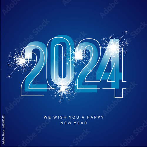 Happy New Year 2024 line and bold light blue neon shining typography with sparkle firework on blue isolated background icon logo