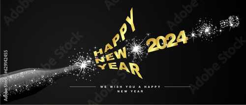 We wish you Happy New Year 2024 eve white firework shape golden tipography with sparkler fireworks open champagne bottle black background greeting card