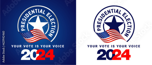 USA Presidential Election 2024. USA flag. Voting Day 2024 Election in USA  Political election campaign emblem logo on blue and white background