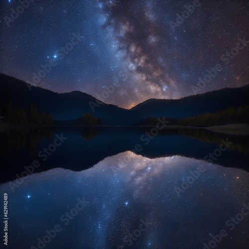 Starry Reflections: Captivating Night Sky, sky over the lake