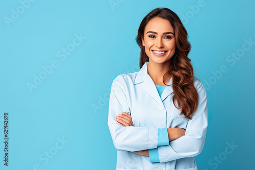 Healthcare professionals. Smiling female doctor in uniform isolated on blue pastel background