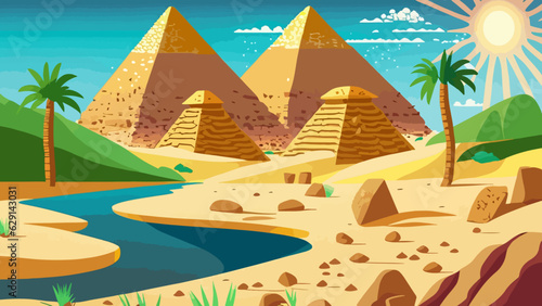 Cartoon desert with ancient Egyptian pyramids and Nile river. Vector illustration of sandy landscape with stones and green plants near blue water, sun shining brightly in sky over pharaoh tombs