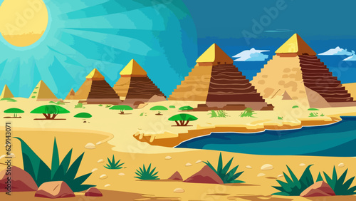 Cartoon desert with ancient Egyptian pyramids and Nile river. Vector illustration of sandy landscape with stones and green plants near blue water, sun shining brightly in sky over pharaoh tombs