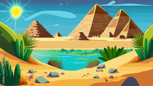 Cartoon desert with ancient Egyptian pyramids and Nile river. Vector illustration of sandy landscape with stones and green plants near blue water, sun shining brightly in sky over pharaoh tombs